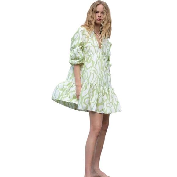 Zara Printed Babydoll Dress S Green Balloon Sleeves Tiered Mini V Neck Tie Fall - Picture 15 of 15